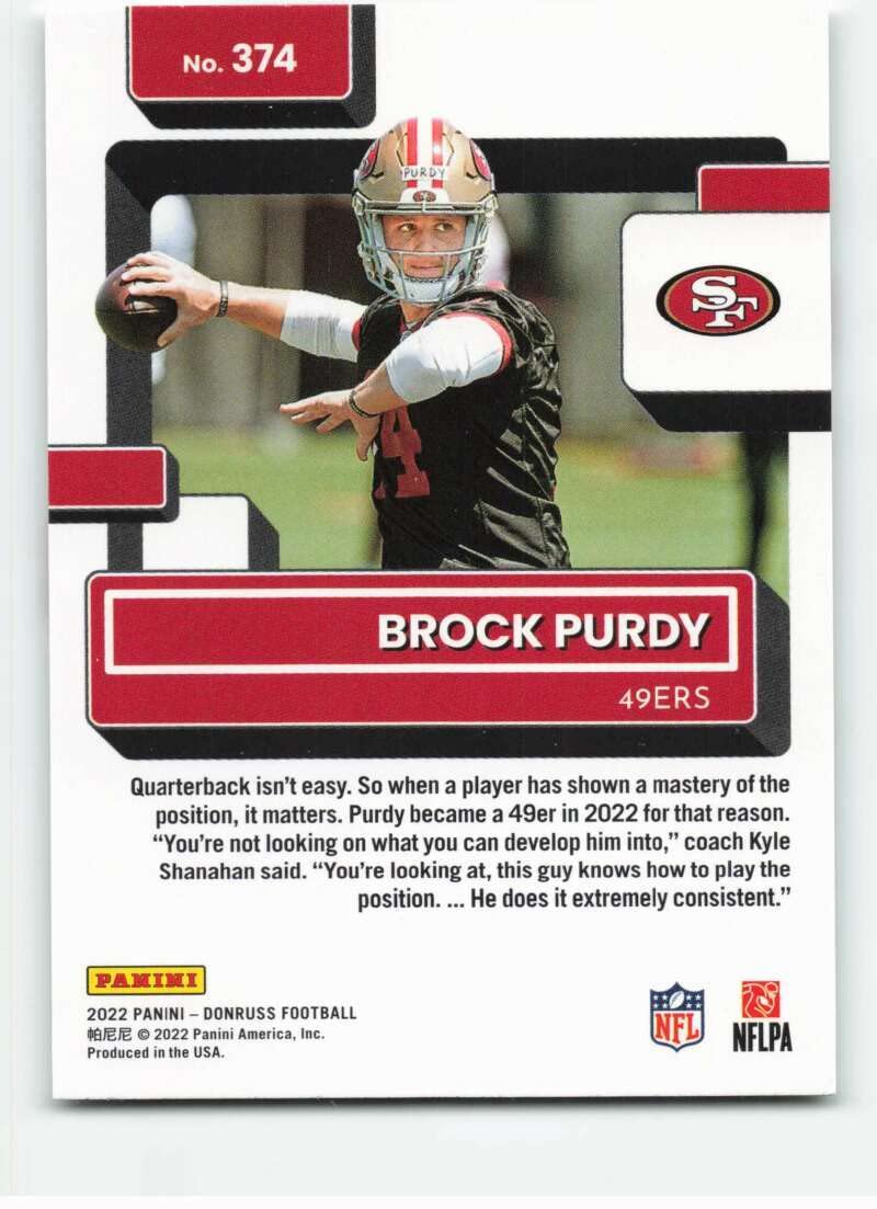 Amazon.com: 2022 Donruss Rated Rookies #374 Brock Purdy Rated Rookie NM-MT  San Francisco 49ers Football Trading Card NFL : Sports & Outdoors