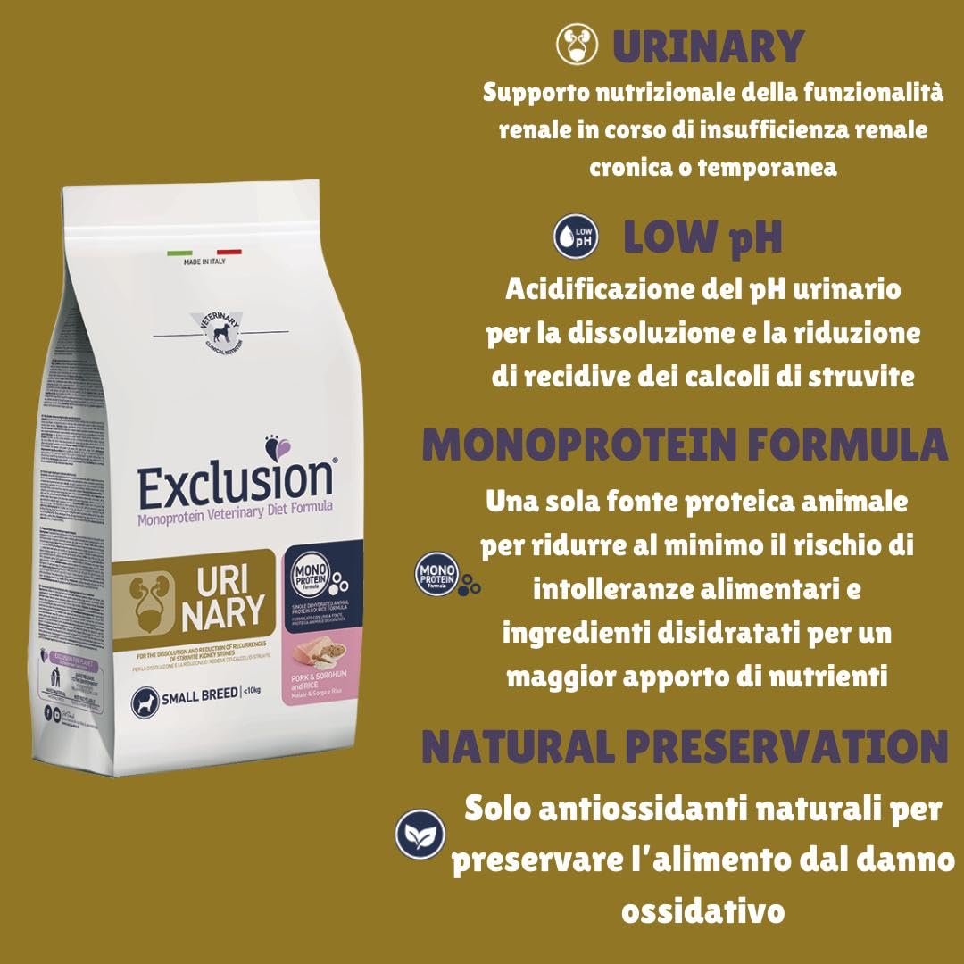 Exclusion Urinary - Alimento dietético para perros adultos de talla pequeña, cerdo, sorgo y arroz, 2 kg, alimento dietético para perros adultos de talla pequeña con cálculos de estruvita de 2 kg.