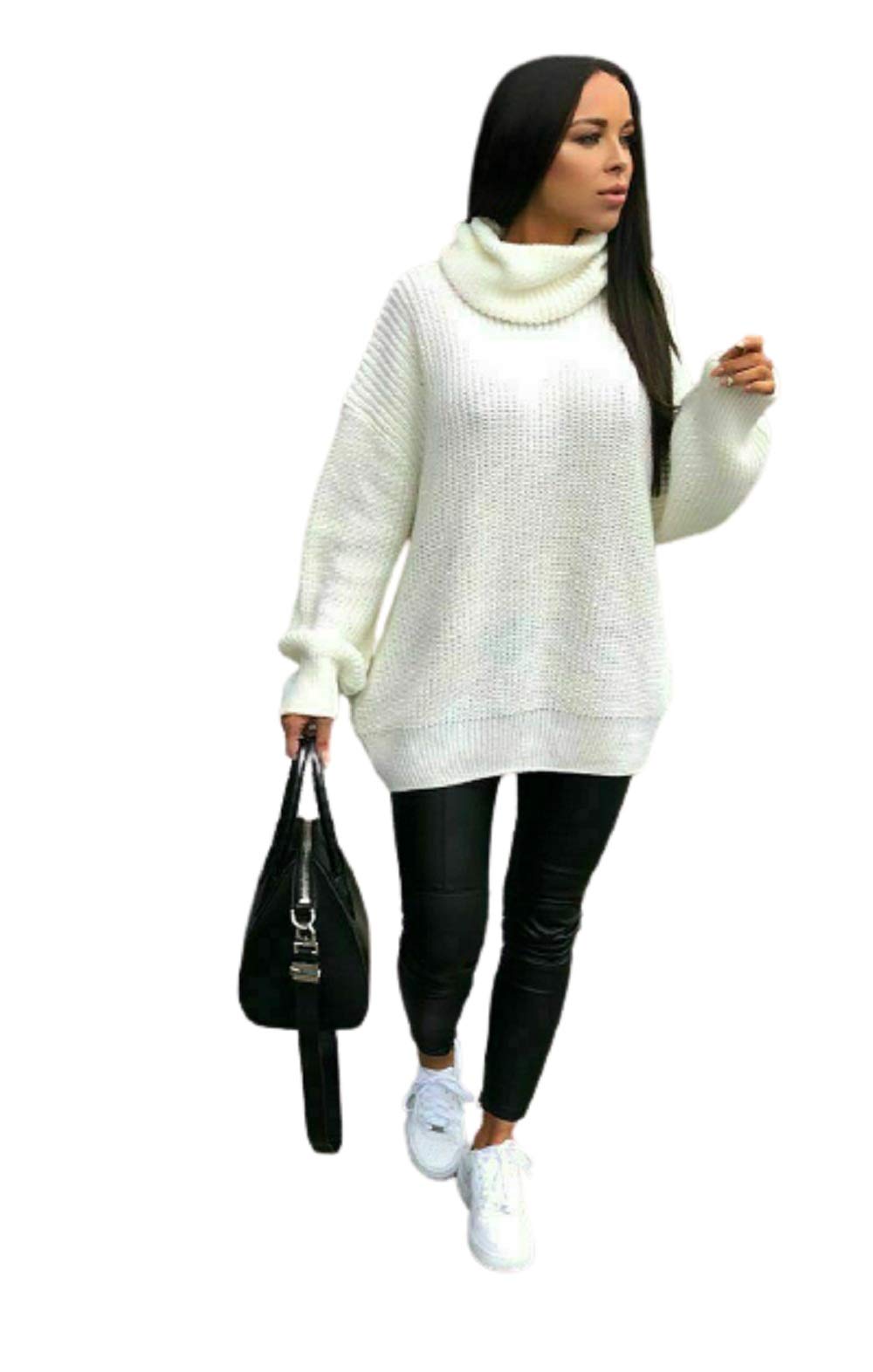 GirlzWalk Women Ladies Chunky Knitted Baggy Oversized Jumper Dress High Polo Roll Neck Top (Cream, 12)