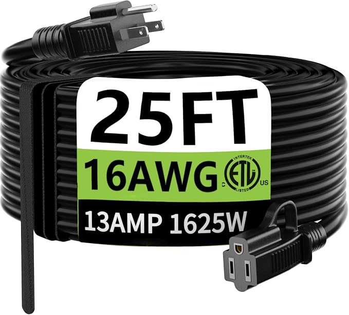 HUANCHAIN Indoor Outdoor Black Extension Cord 25 ft Waterproof, 16/3 Gauge Flexible Cold-Resistant Appliance Cable Outside, 13A 1625W 16AWG SJTW, 3 Prong Heavy Duty Electric Cord, ETL