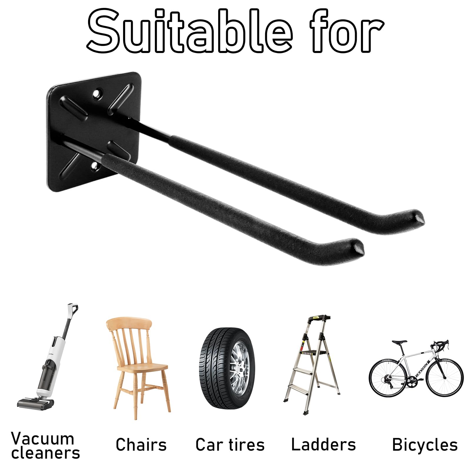 AKOLAFE 4 Piezas Ganchos Garaje Negros, Gancho Pared de Acero Carbono 31,5 cm, Ganchos Resistentes con Tornillos para Herramientas Bicicleta Escalera Jardin