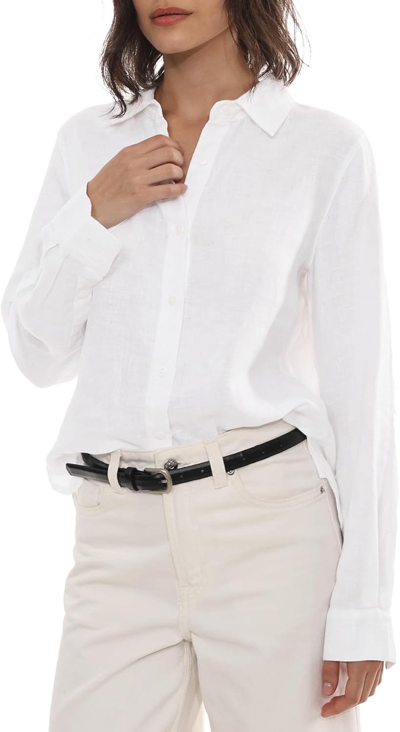 Amazhiyu Womens 100% Linen Button Down Shirts Long Sleeve Collar Blouses Summer