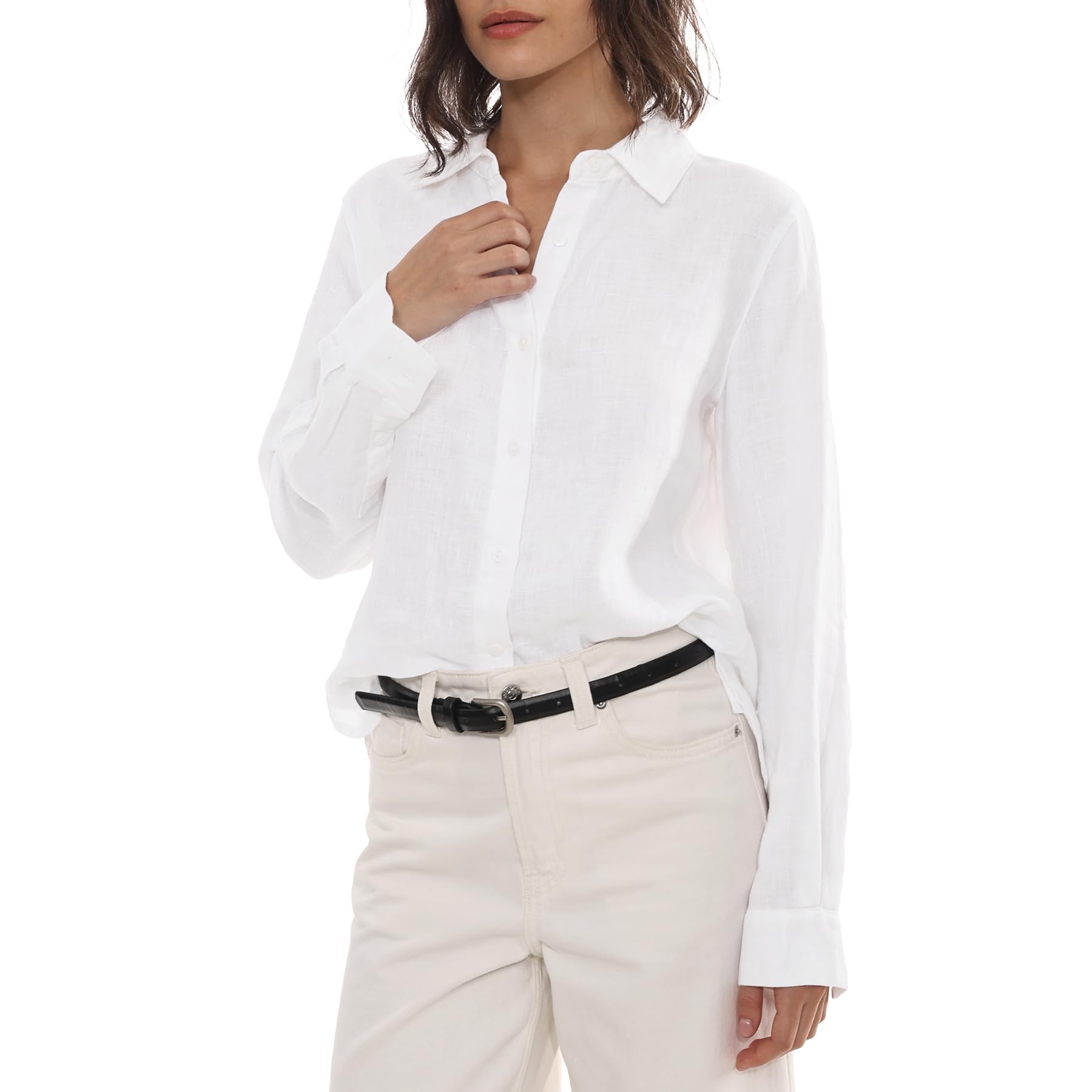 Amazhiyu Camicetta da donna in lino, a maniche lunghe, in lino, elegante, a tinta unita, per l'estate