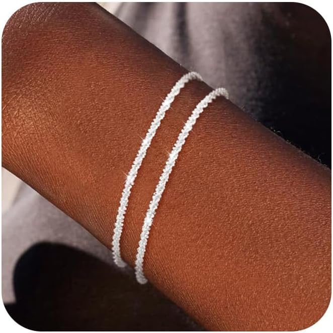 Sterling Silver Plated Chain Bracelet: Dainty Stackable Bracelets for Women Trendy Cute Adjustable Layered Paperclip Womens Bracelet Set Silver Waterproof Jewelry for Women