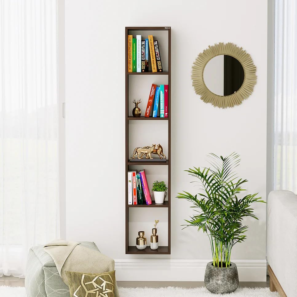 Image of Furniture Cafe Wooden Wall Mounted 5-Tier Vertical Bookshelf - Slim Storage & Display Rack for Living Room, Bedroom, Office (Brown)