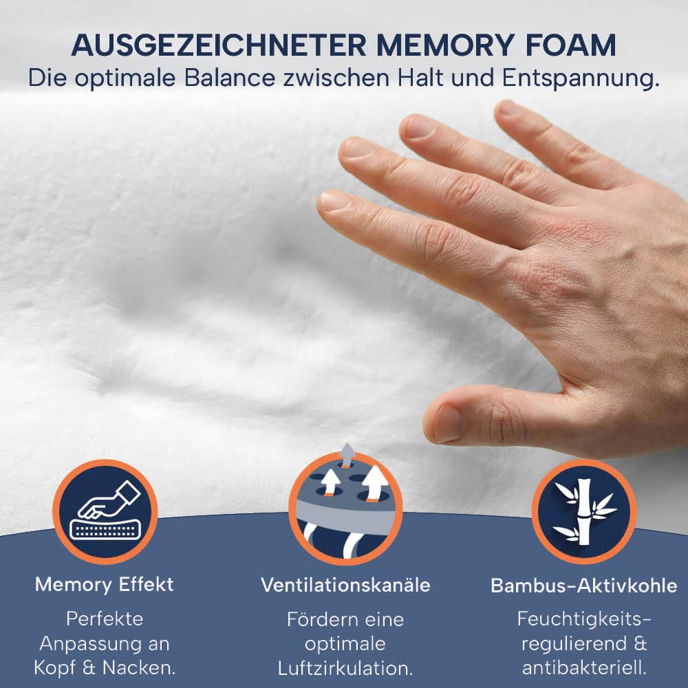 Orthopädisches Nackenstützkissen Memory Foam - Höhenverstellbares Nackenkissen entlastet Kopf & HWS - Schlafkissen gegen Nackenschmerzen 60x30cm, inklusive Kissenbezug in grau, mittelfest