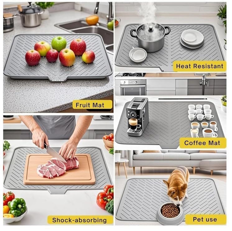Image of AXIESO Silicone Dish Drying Mat for Kitchen - Built-in Drain Lip | Hygienic Drying Pad - Sturdy Compact Easy to Clean Tray Protects Surfaces Prevents Water Build Up - 40 X 30 Cm (Grey)