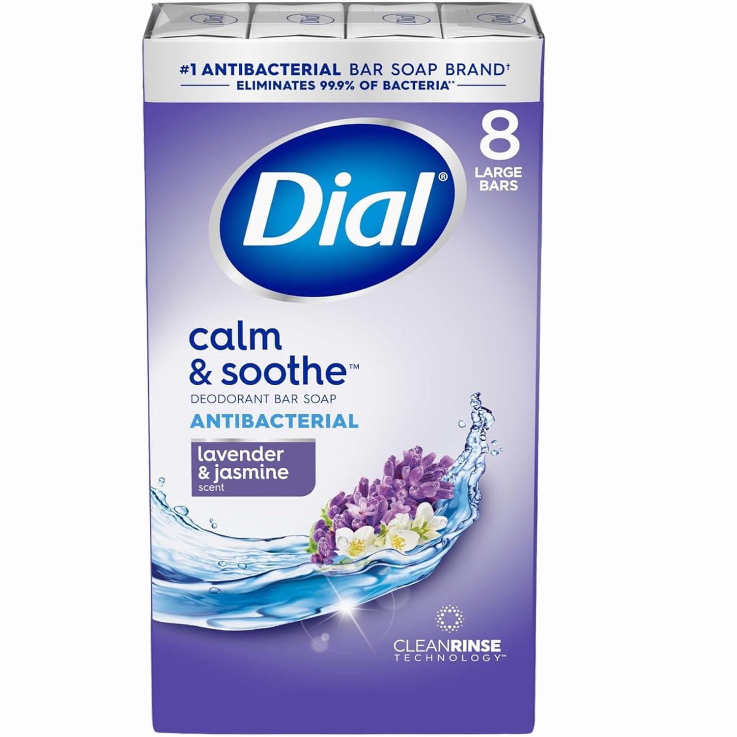 Dial Deodorant Bar Soap, 8 Pack Bulk for Daily Use, Lavender & Jasmine Scent, Deep Cleansing Body Soap, Gentle on Skin, Bulk for Men, Women, Teens, 4 oz. Each