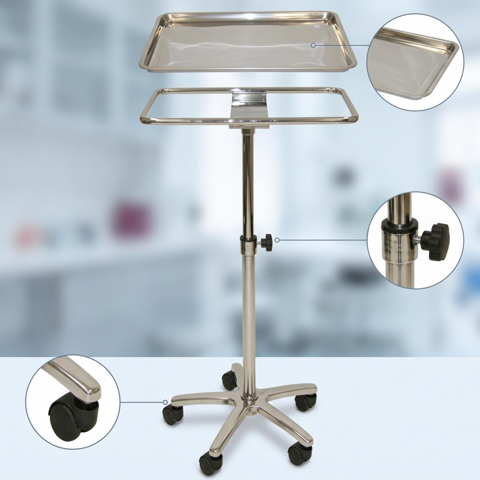 harayaa Carrello in Acciaio Inox Carrello da Studio Tavolo Ruote Colonna con Altezza Regolabile Vassoio con Bordi Anticaduta Adatto per Ambulatori Centri Benessere Saloni Laboratori Uffici