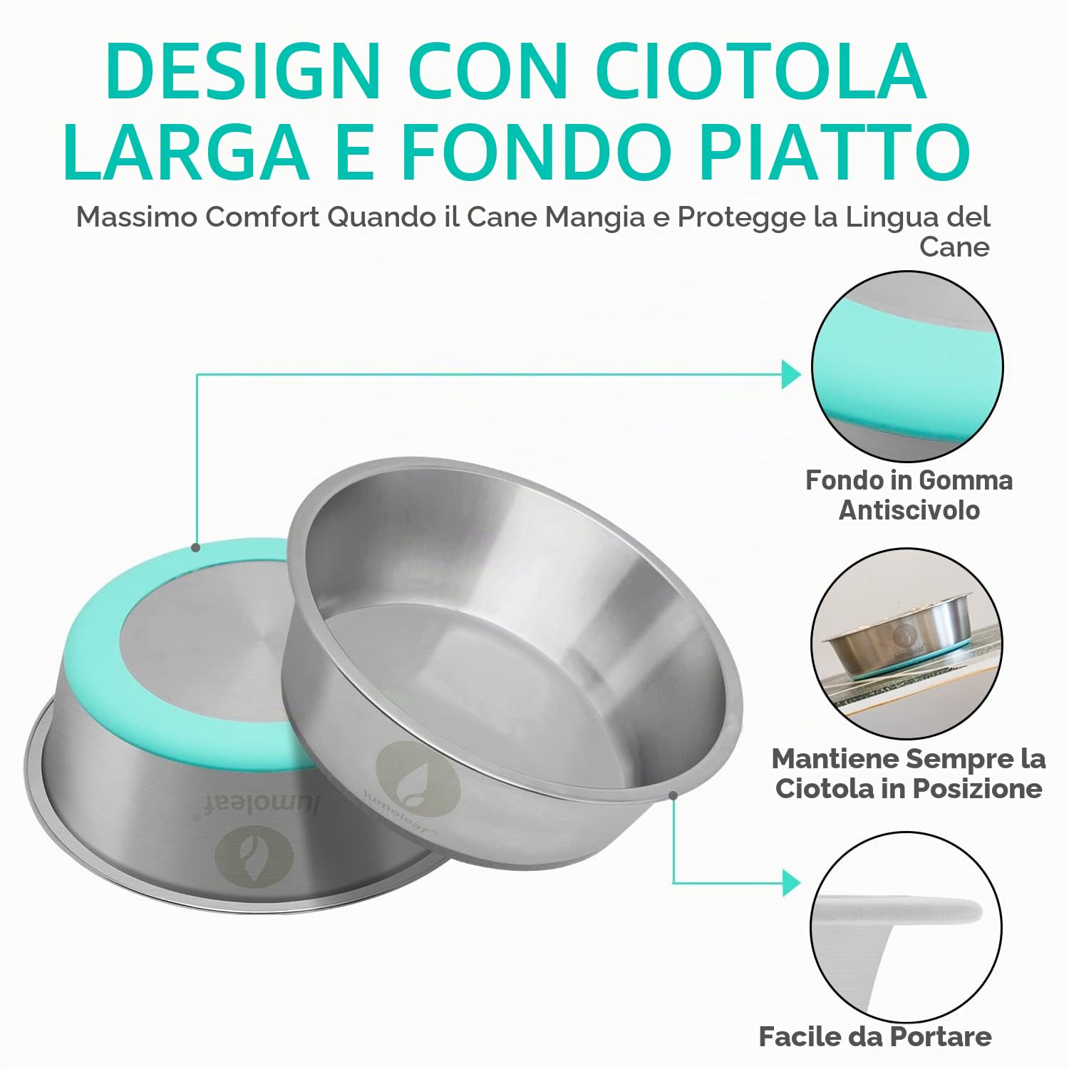 LumoLeaf Ciotole per cani grandi in acciaio inox da 2,9 oz/13 tazze, confezione da 2 ciotole per acqua e cibo, piatti antiscivolo per animali domestici con fondo in gomma, ciotole per animali