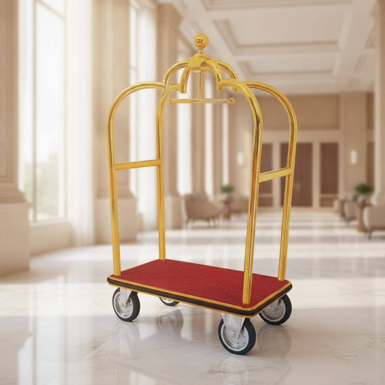 Carro de Equipaje para Hotel Carrito Maletero Portaequipajes Carro Porterero Acero Inoxidable Estructura Robusta Base Alfombrada Giratorios 4 Ruedas
