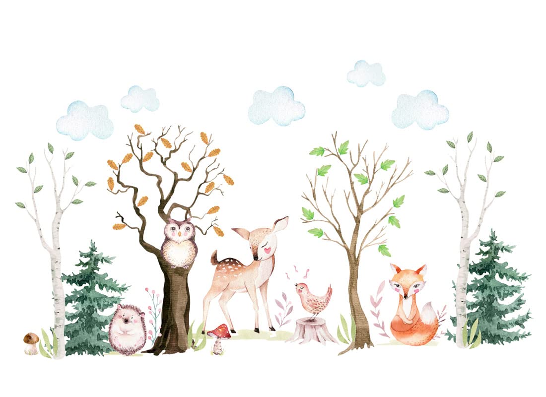 adesivo da parete per bambini, motivo: animali della foresta, foglie, cervo, riccio, uccelli, foresta, cameretta dei bambini, adesivo OS3621 (200 x 110 cm)