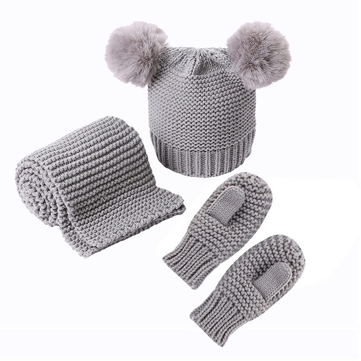Kleinkind Strickmütze Schal Set, Winter Warm Niedlich Baby Strickmütze Schal Handschuhe Anzug Winter Häkeln 03 Jahre, Grau
