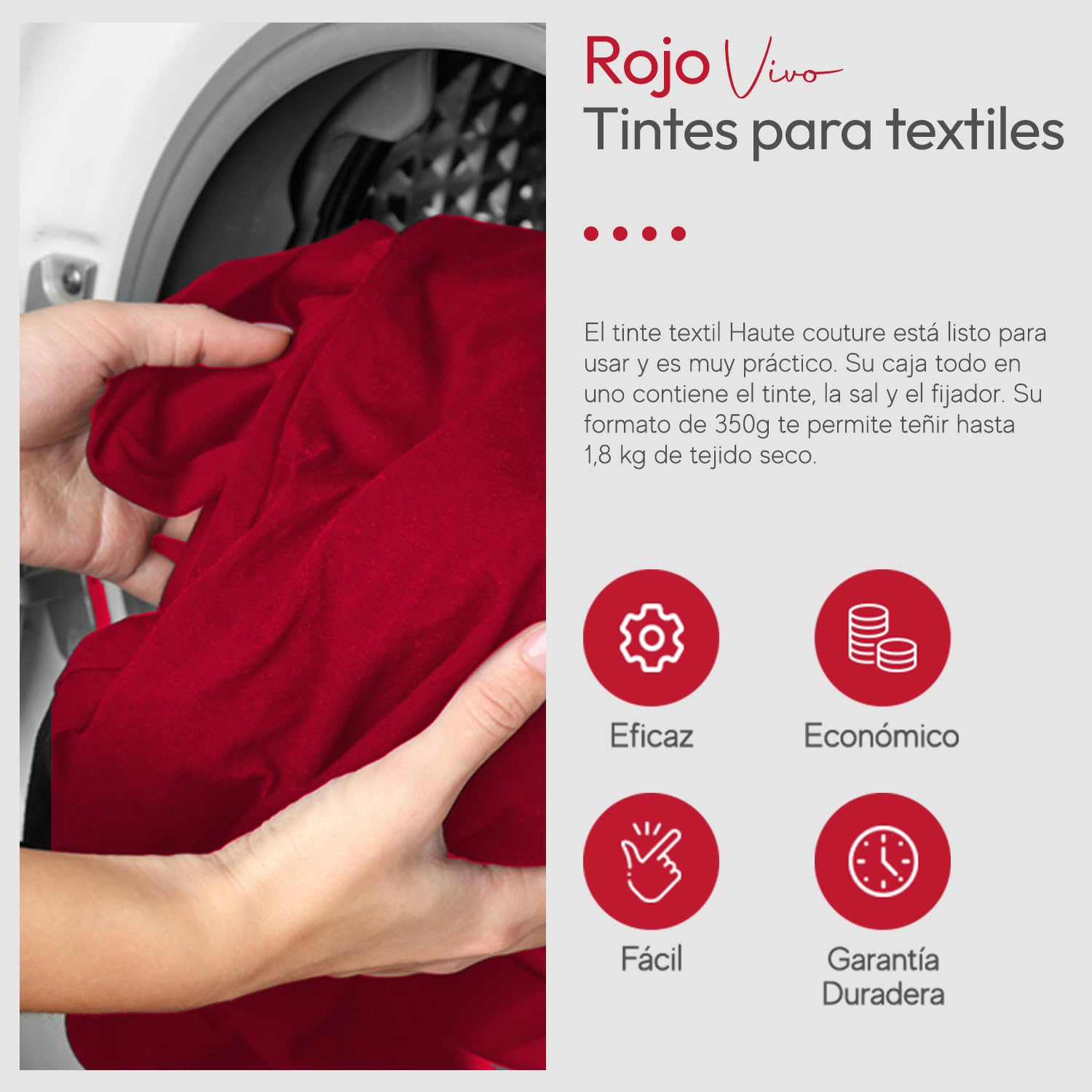 Haute Couture - Tinte para Ropa y Textil Rojo Vivo - 350g - Tinte Textil Todo en uno - Listo Para Teñir Ropa y Tejidos