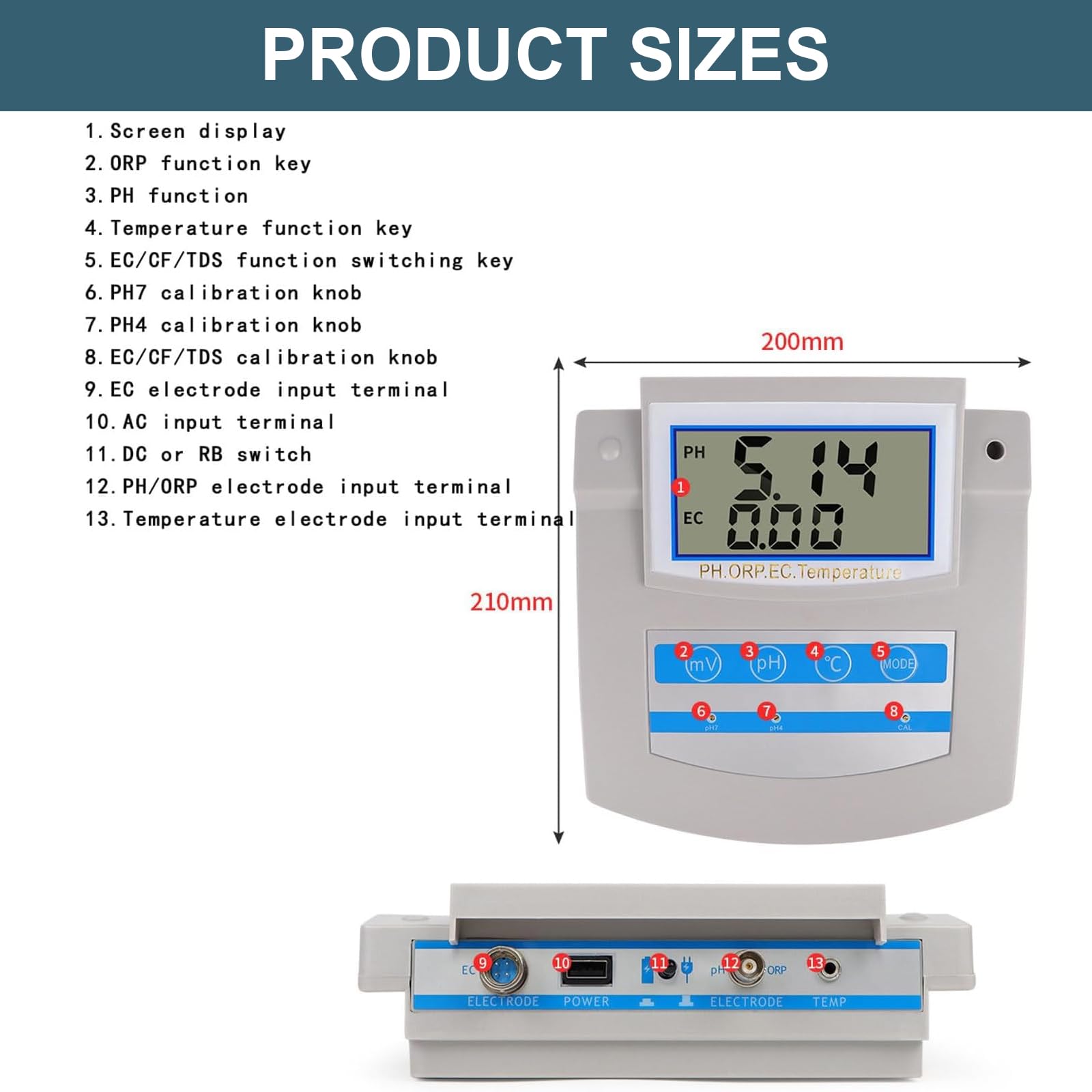 Tester di qualità dell'acqua – Misuratore di pH digitale 6 in 1 con funzione di compensazione della temperatura e risparmio dati per acquario, laboratorio, pesca e uso agricolo