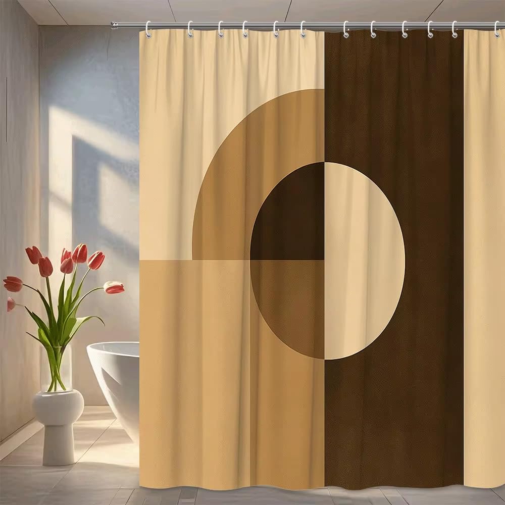 KELAIMI Beige Brown Abstract Geometric Shower Curtain,Mid Century Modern Aesthetic Bathroom Curtain with Hooks,Waterproof Quick-Dry Polyester Fabric Bathtub Curtains Brown 200X240Cm