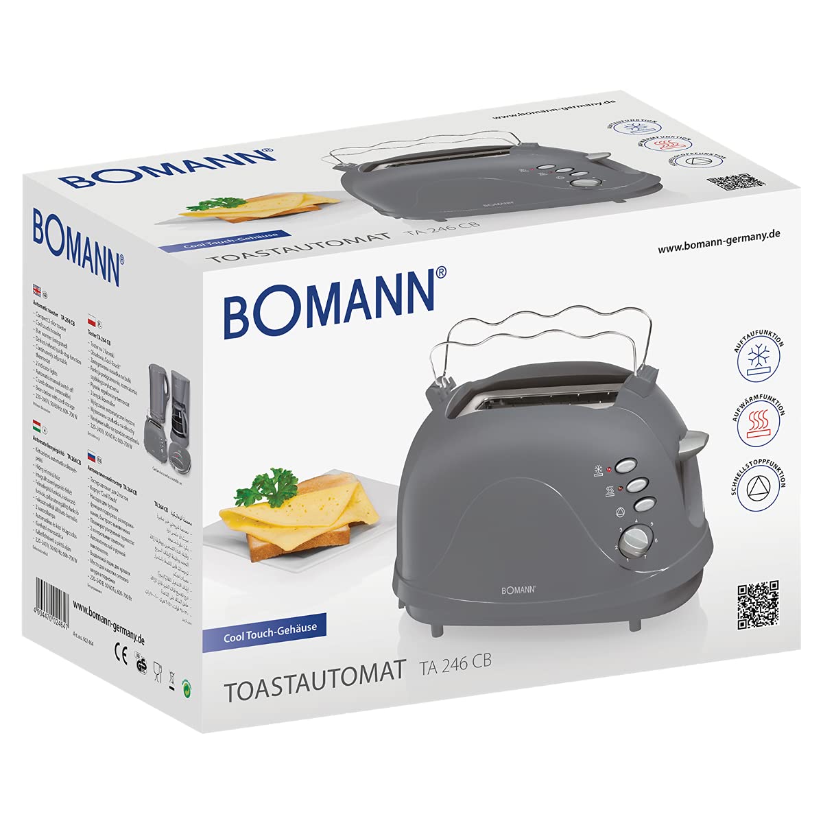 Bomann, TA246CB-gris, Grille Pain, Toaster automatique, Grille-pain à 2 tranches-600/700 W, décongélation, toaster et réchauffage, tiroir ramasse-miettes amovible, Gris