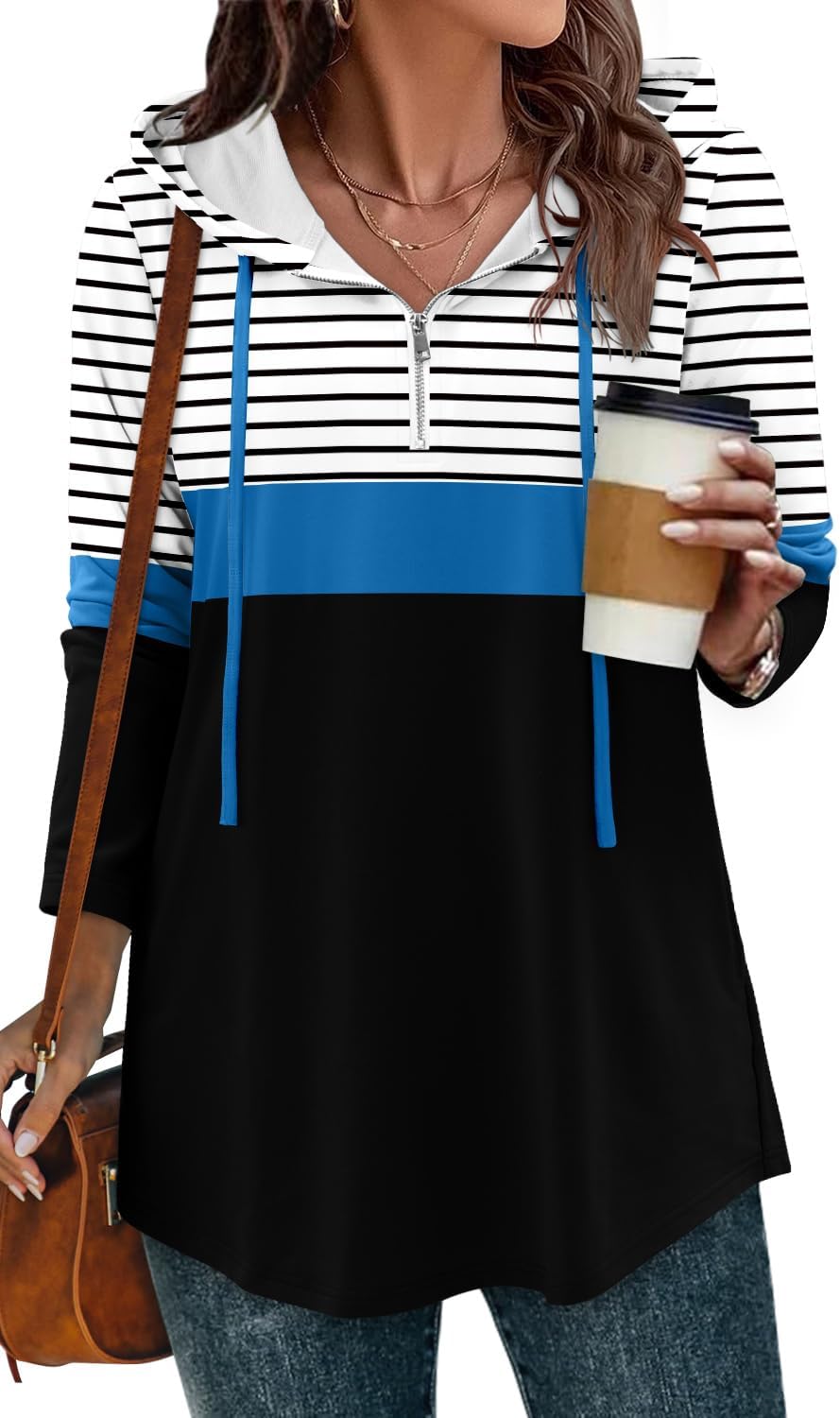 BETTE BOUTIK Womens Quarter Zip Tunic Hoodies Pullover Long Hooded Sweatshirts S-3XL - Image 2