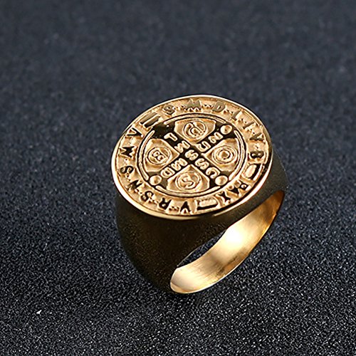 JAJAFOOK Men Gold Plated Stainless Steel Catholic St Benedict Exorcism Signet Ring Cross Band4