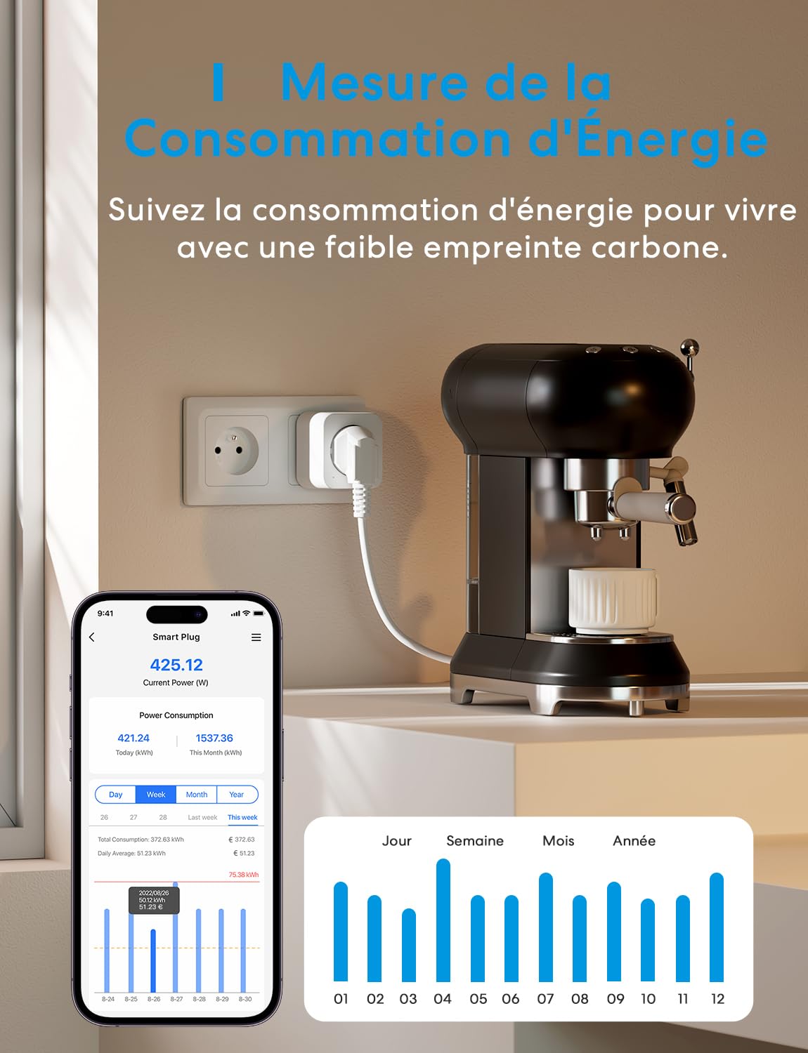 Meross - Toma conectada (tipo E), 16 A, conector WiFi compatible con Alexa y Google Home, 4 tomas con medición de consumo eléctrico con control de voz, control remoto y configuración Bluetooth