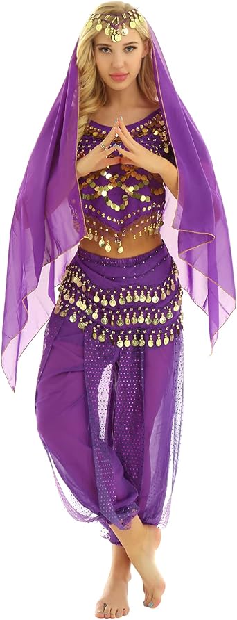 Women Belly Dance Costume Sequin Crop Tops Harem Pants with Head Veil Bollywood Indian Belly Dancewear