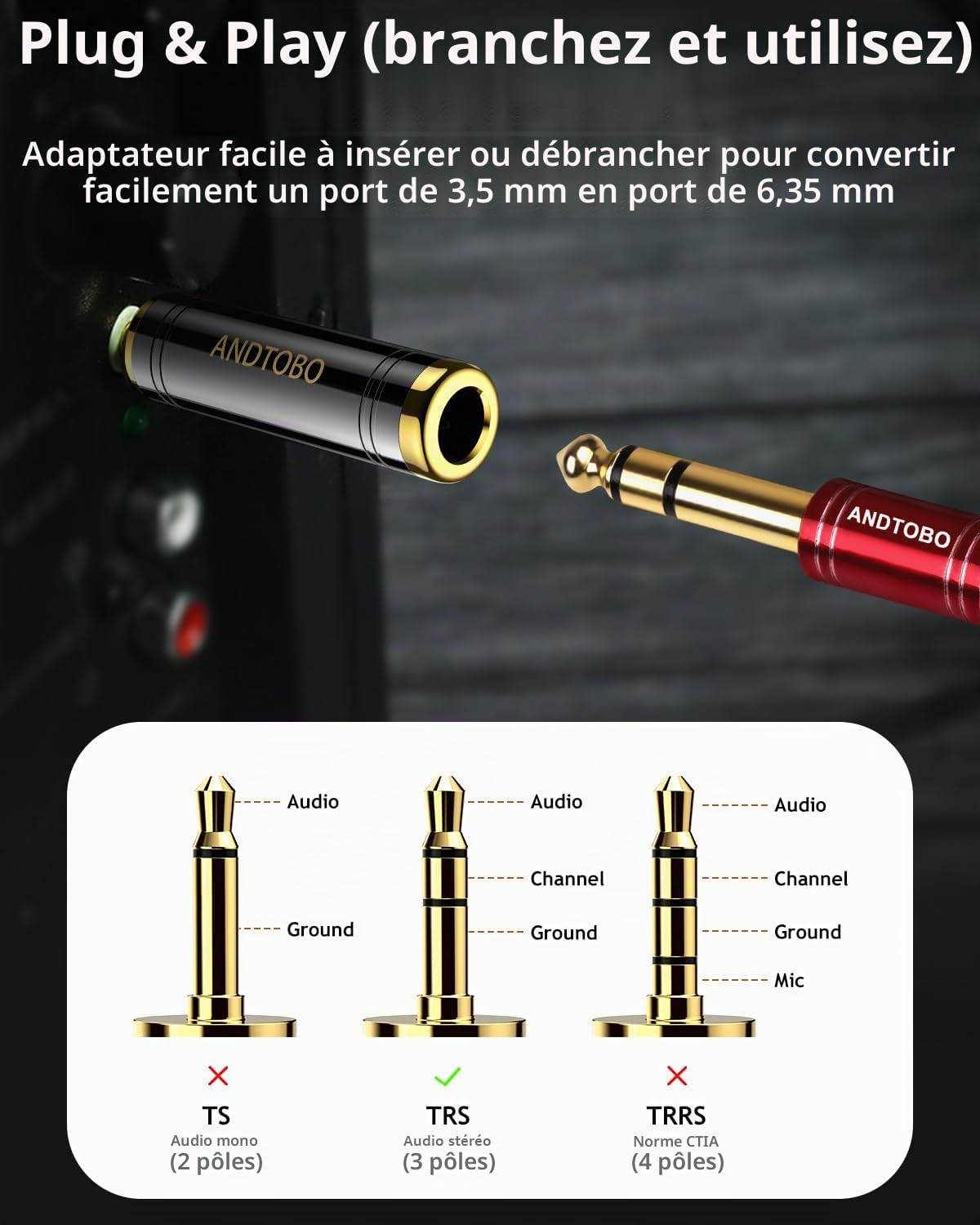 ANDTOBO Adaptateur Casque stéréo 1/4" vers 3,5 mm Jack Femelle 6,35 mm Noir