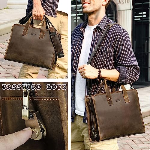 Contacts Genuine Leather Briefcase for Men 14" Laptop Bag Crazy Horse Leather Messenger Bag Satchel Handbag2
