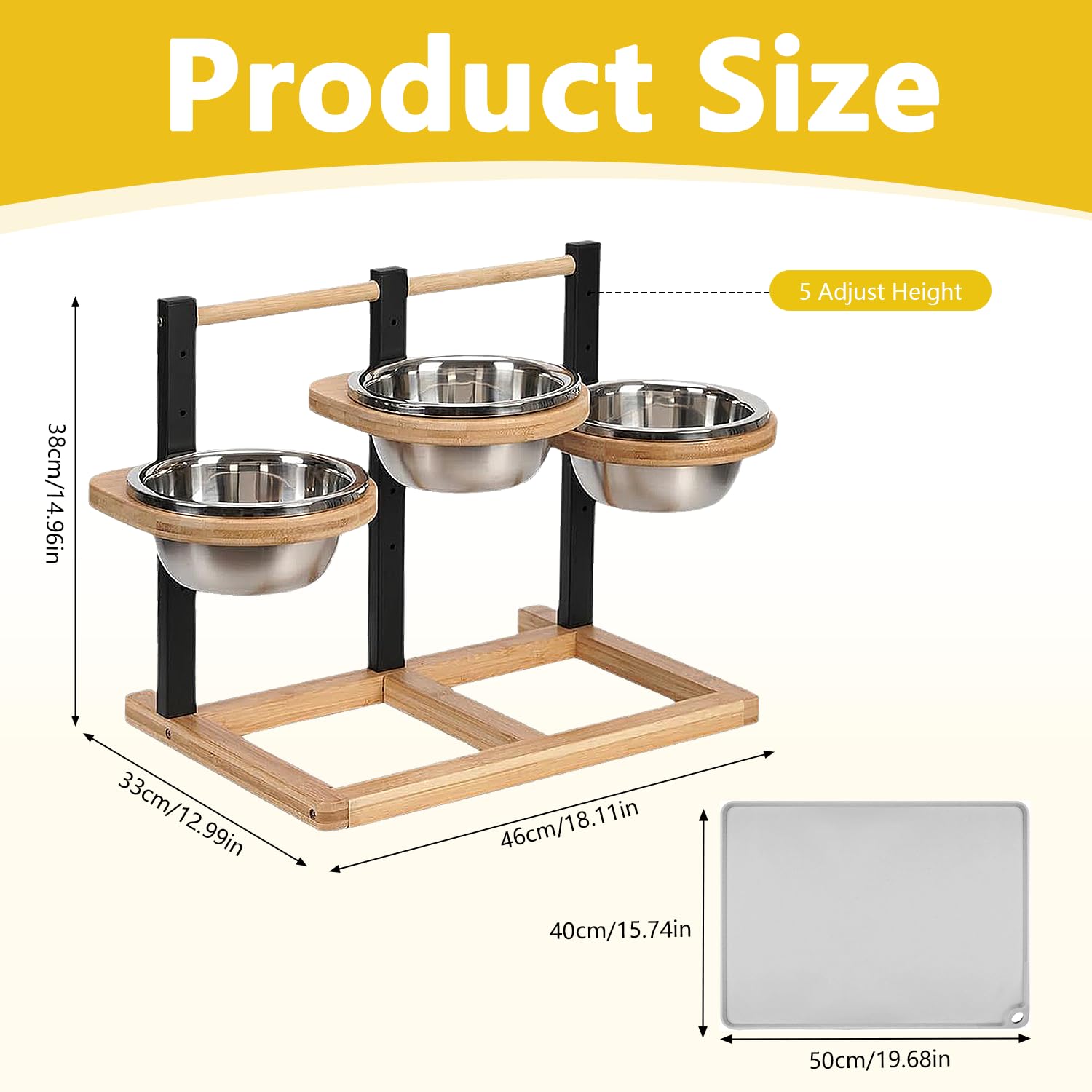 Comedero para perros elevado para perros, altura ajustable de madera, comedero para perros con 3 cuencos de acero inoxidable y alfombrilla a prueba de fugas, comedero mediano para perros grandes
