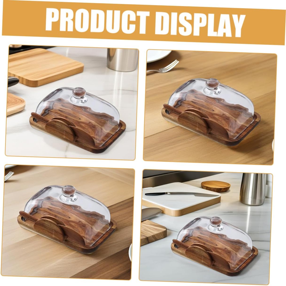 Unomor Elegant Wooden Butter Dish with Glass Dust Cover Multi-functional Food Organizer for Cheese Snacks and Desserts Easy to Clean for Countertop Kitchen Decor
