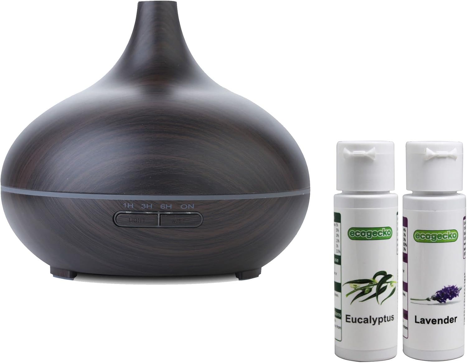 Dark Wood Grain Look Essential Oil Diffuser with Eucalyptus and Lavender Oil Set, Ultrasonic Cool Mist Diffuser Humidifier with 7 Color Lights, 4 Timers Setting, Auto Shut Off for Office Home