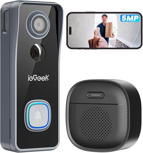 ieGeek Timbre de puerta inalámbrico de 5 MP sin suscripción, timbre de video inalámbrico con timbre, timbre con cámara, cambiador de voz, audio de 2