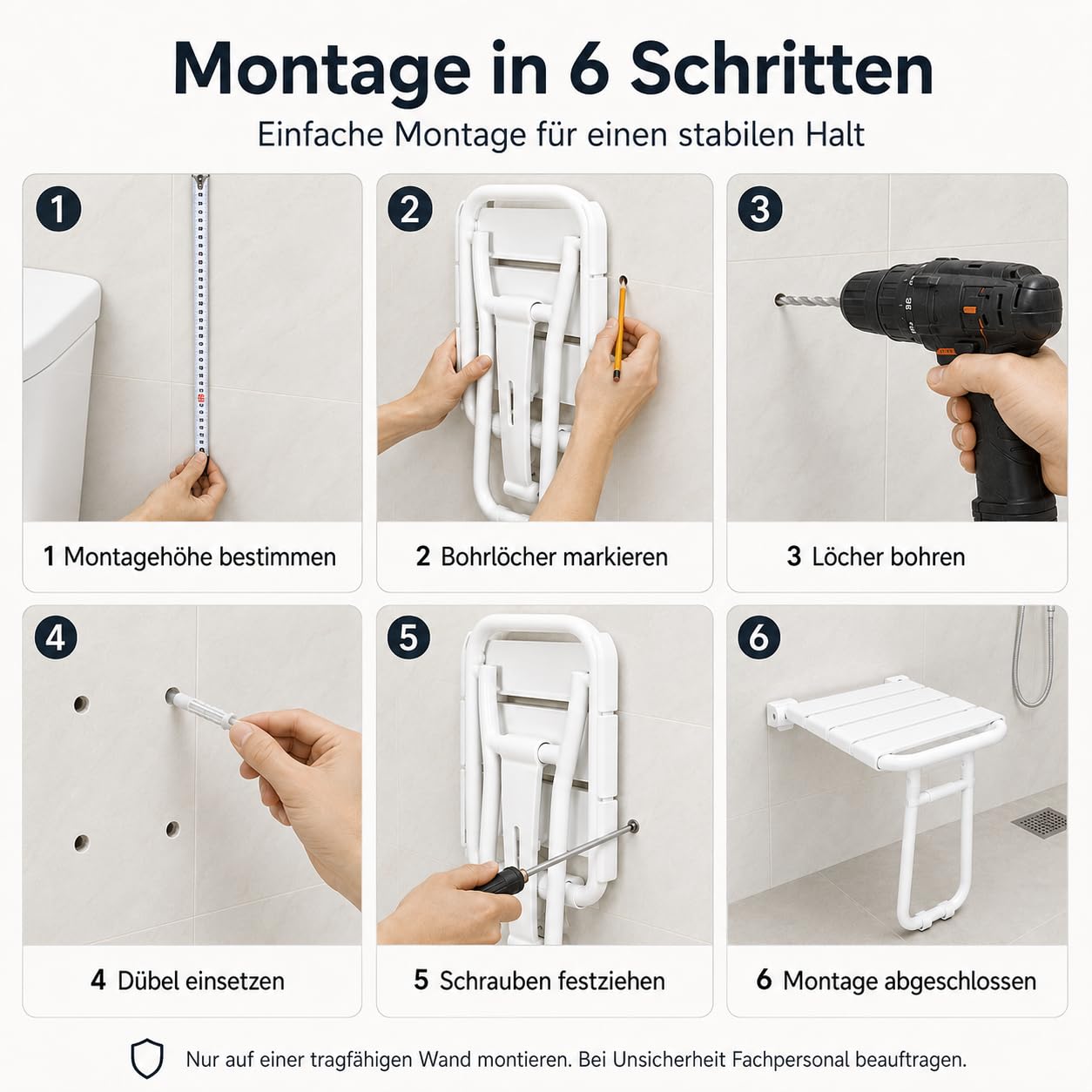 Asiento de Ducha Plegable, Taburete de Baño Antideslizante y Silla Abatible para Personas Mayores o con Movilidad Reducida, Banco para Bañera