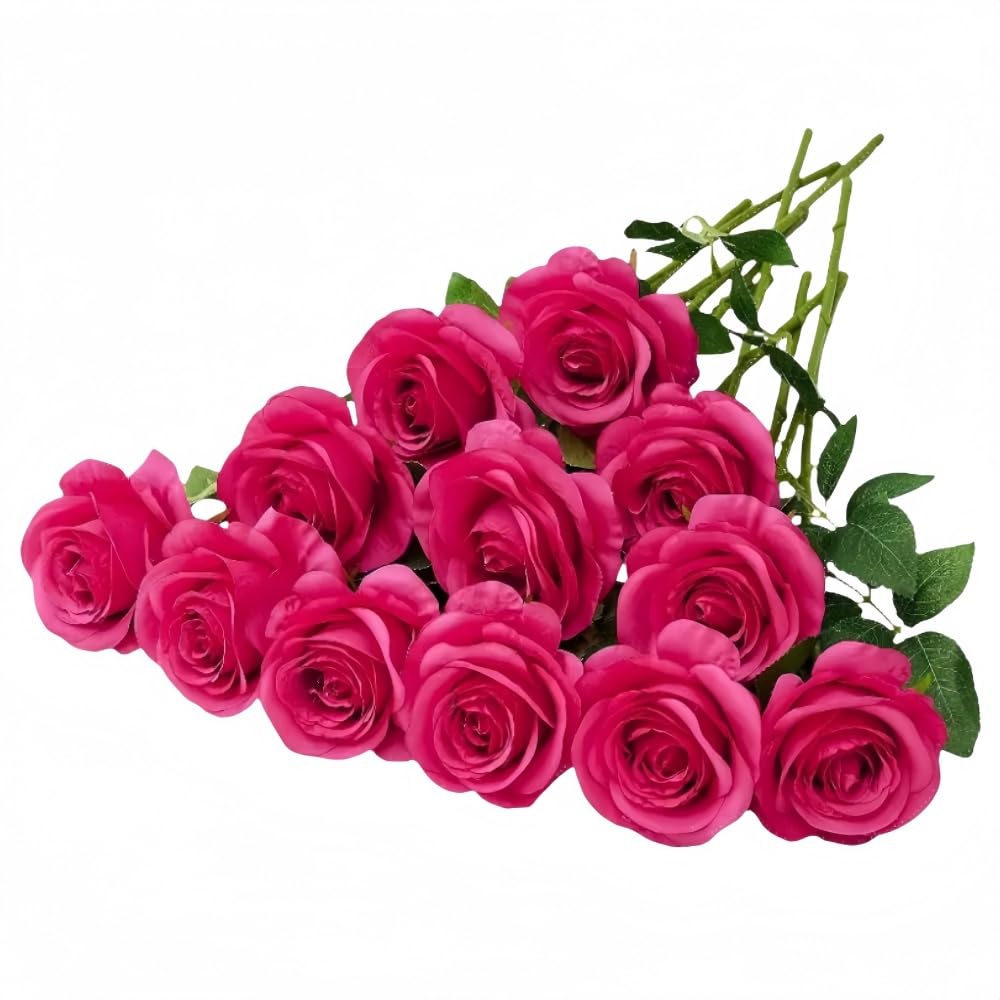 10 Pcs Artificial Roses, Fuchsia Fake Roses Artificial Flowers, with Stems Fake Artificials Fuchsia Rose Silk Flowers