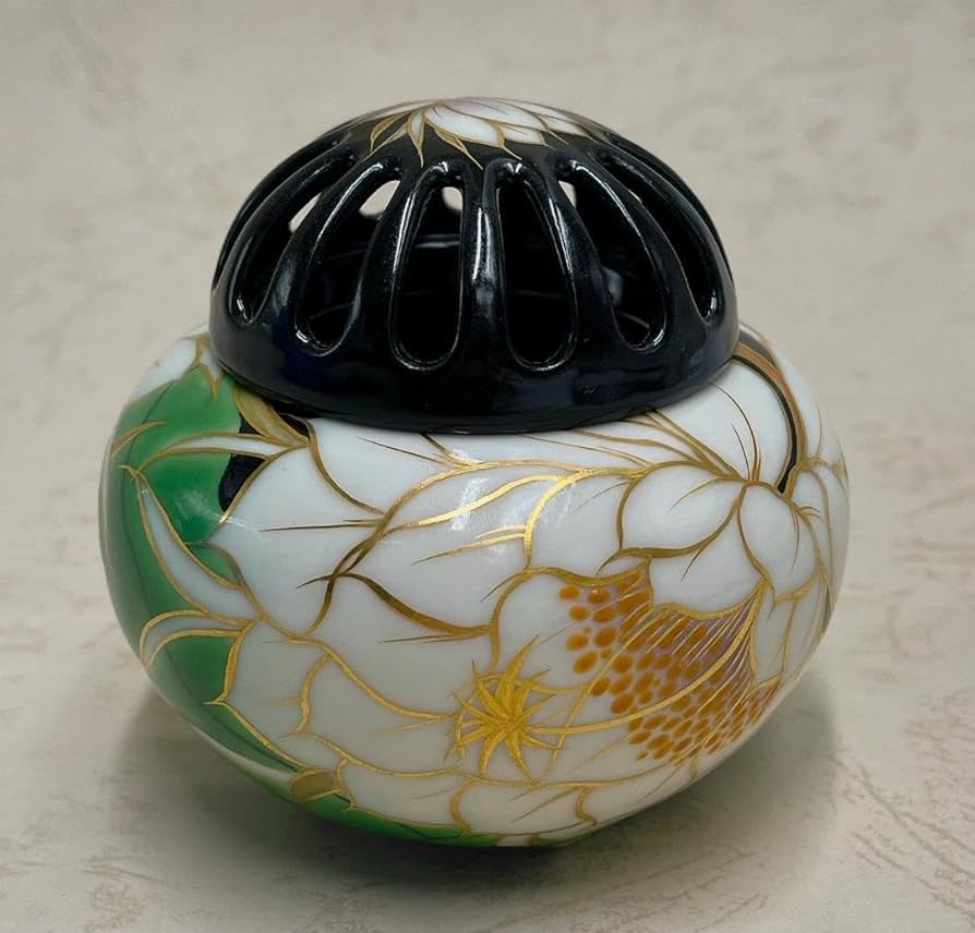 絶品！清水焼香炉★手描きオーダー発注品◆黒地×月下美人 絶品！清水焼香炉☆手描きオーダー発注品◇黒地×月下美人