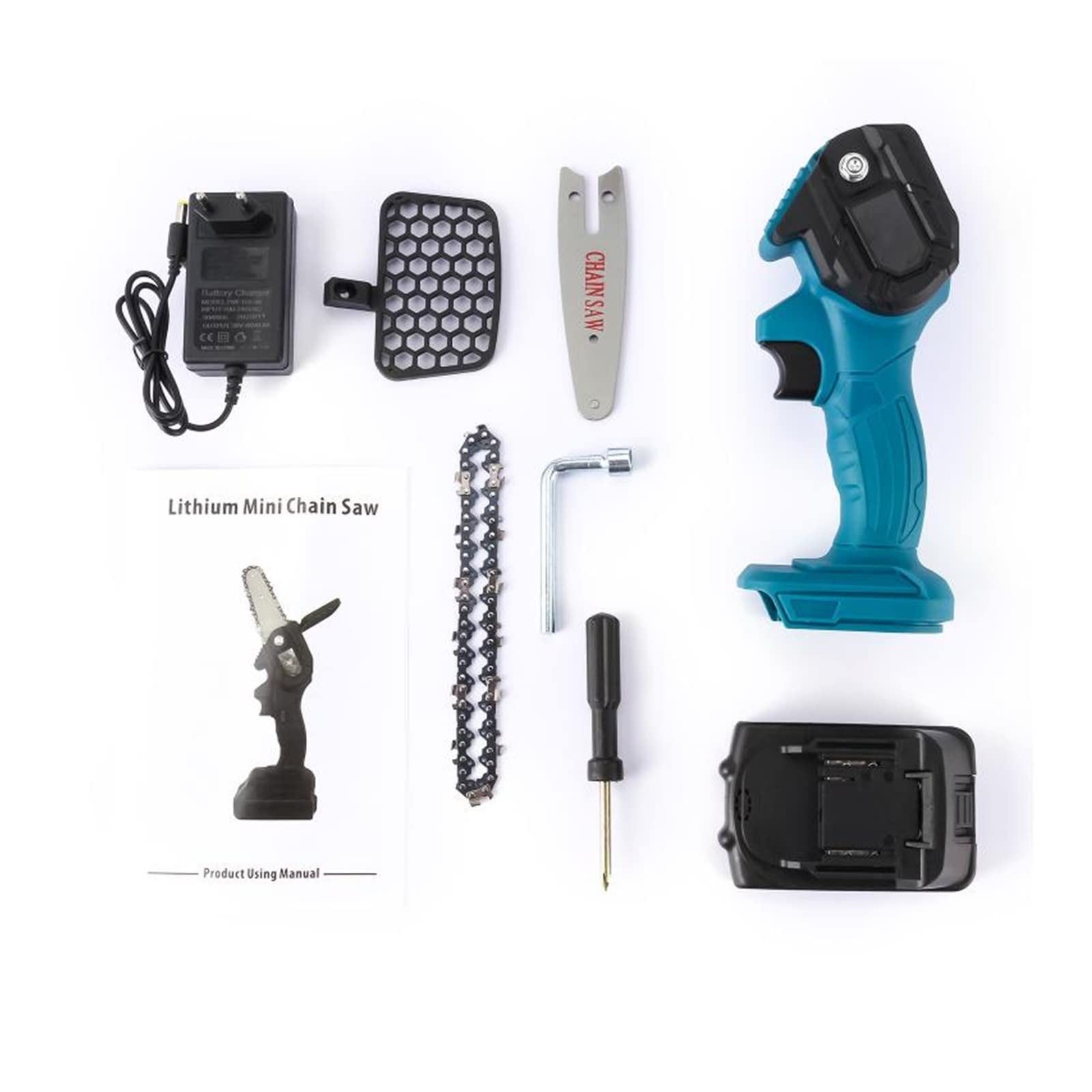 Przystosowany do baterii 24V akumulatorowa elektryczna piła łańcuchowa z baterią litową przenośne elektronarzędzie do cięcia drewna Narzędzie DIY(Blue with 2 battery)