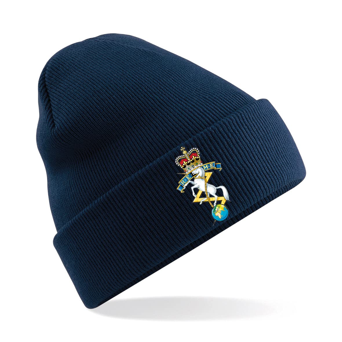 Psave Men's Navy Royal Electrical And Mechanical Engineers Reme Insignia Premium Embroidered Beanie Hat, Bob Hat British Army Military (Navy)