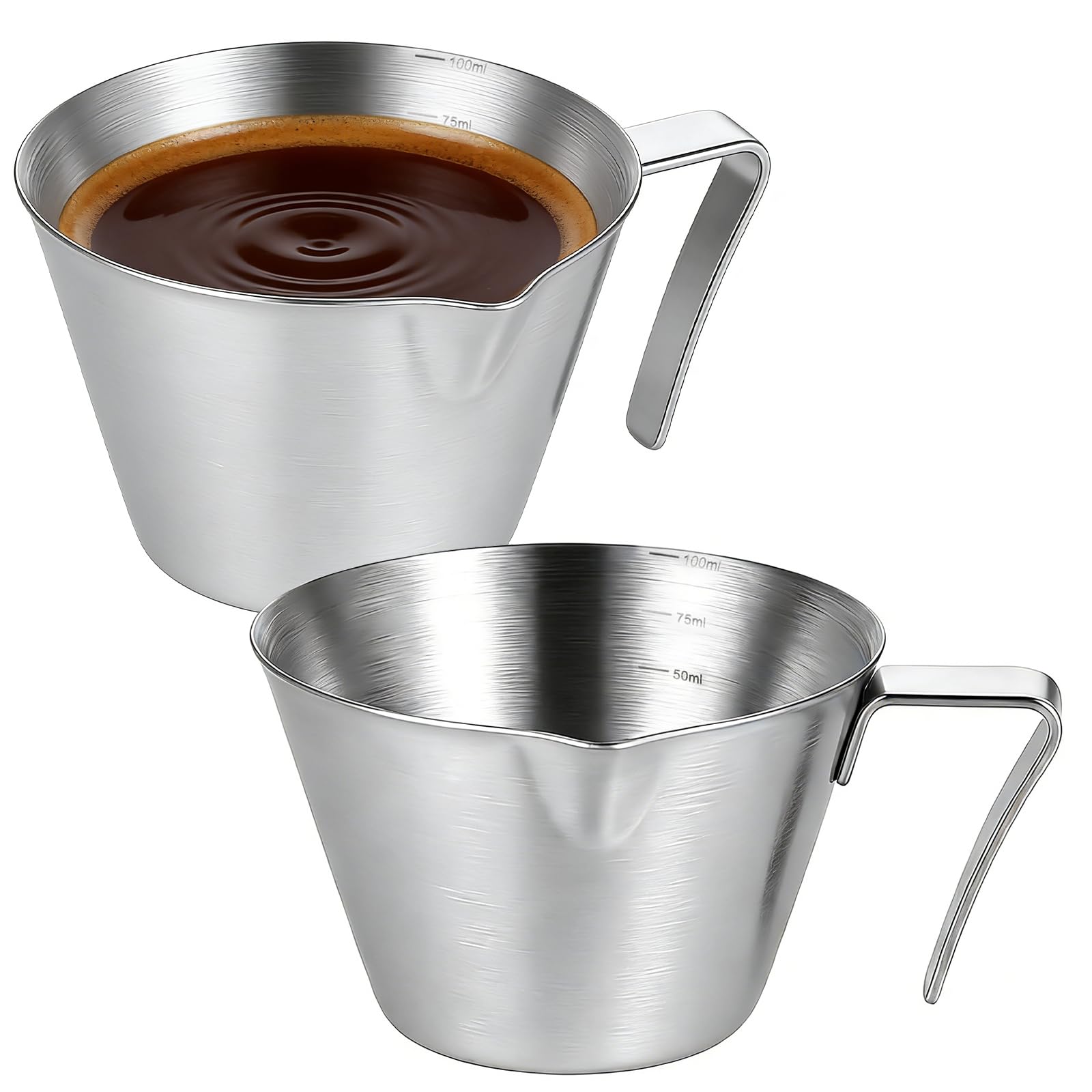 2-częściowy kubek z miarką do espresso z uchwytem, 100 ml kubek z miarką do espresso ze stali nierdzewnej, z ustami w kształcie litery V i skalą, akcesoria do kawy, do kawy, mleka, śmietany