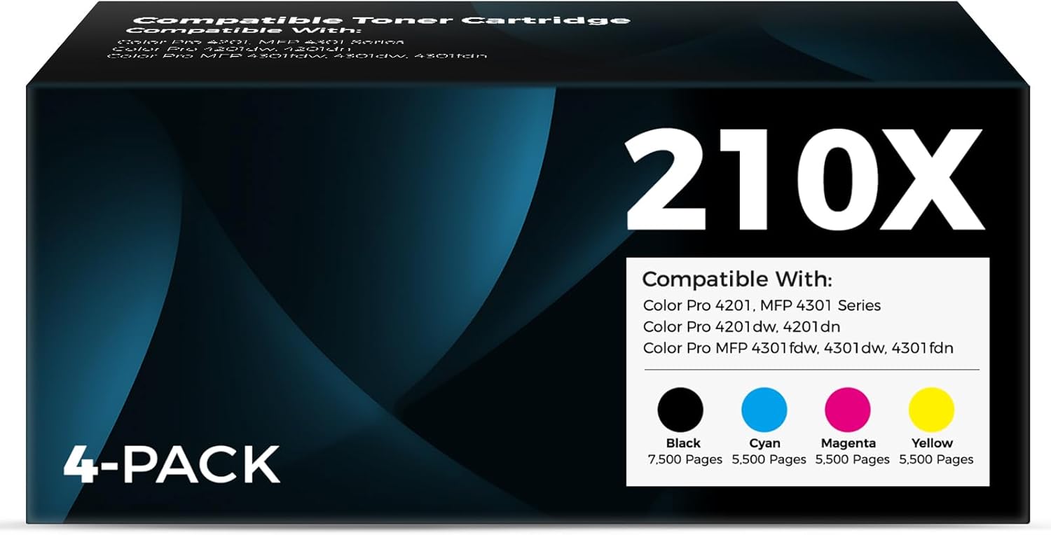210X Toner Cartridges High Yield Compatible Replacement for HP 210X 210A for Color Pro MFP 4301fdw 4301fdn Pro 4201dw 4201dn Series Printer Ink W2100X W2100A 4-Pack Color Combo