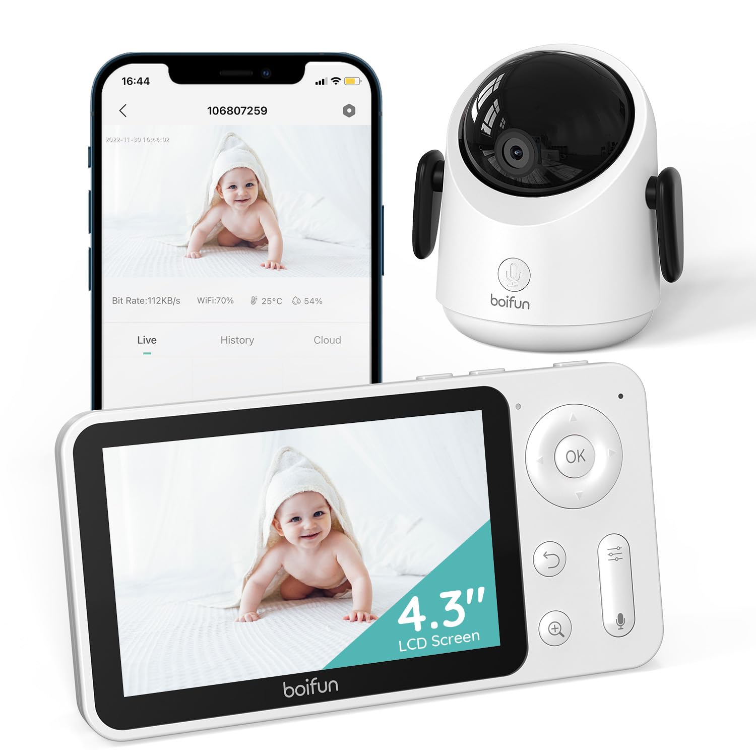 Boifun Wifi Baby Monitor, Phone App & 4.3'' Screen Control, No-glow Night Vision, Sound Motion Smart Detection, 360° Camera, Smartphone, PTZ,Auto-tracking,17-H Battery Life,Humidity Temperature Detect