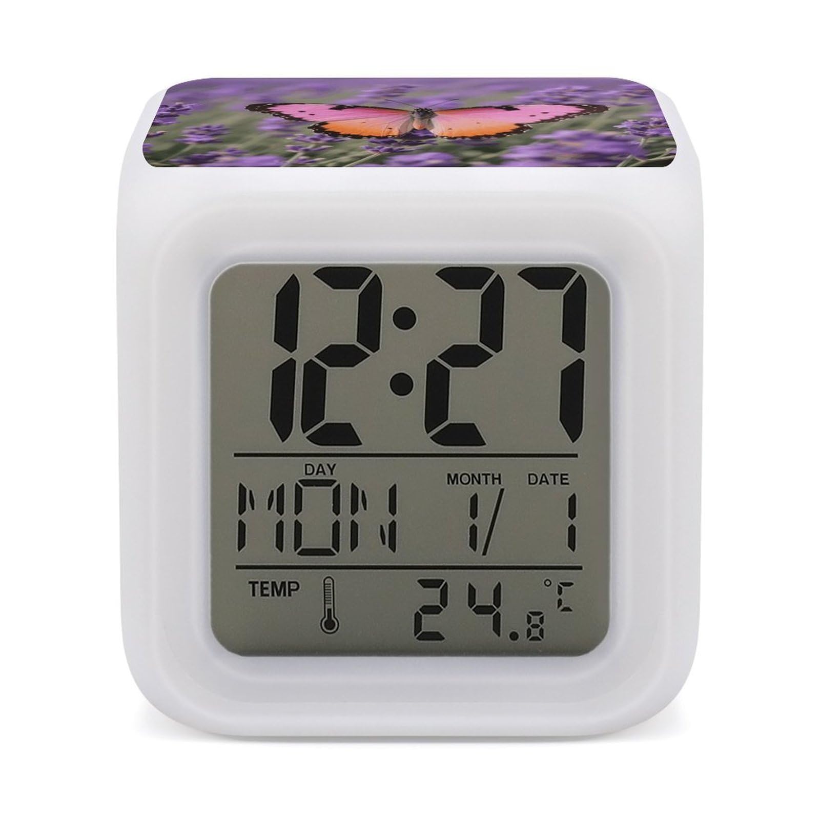 7 Color Ambient Night Light Cube Battery Operated Colorful Butterfly Digital Clock with Snooze Temperature LED Digital Alarm Clocks Dimmable Wake Up Light Portable Mood Lamp for Bedroom Desk Gift
