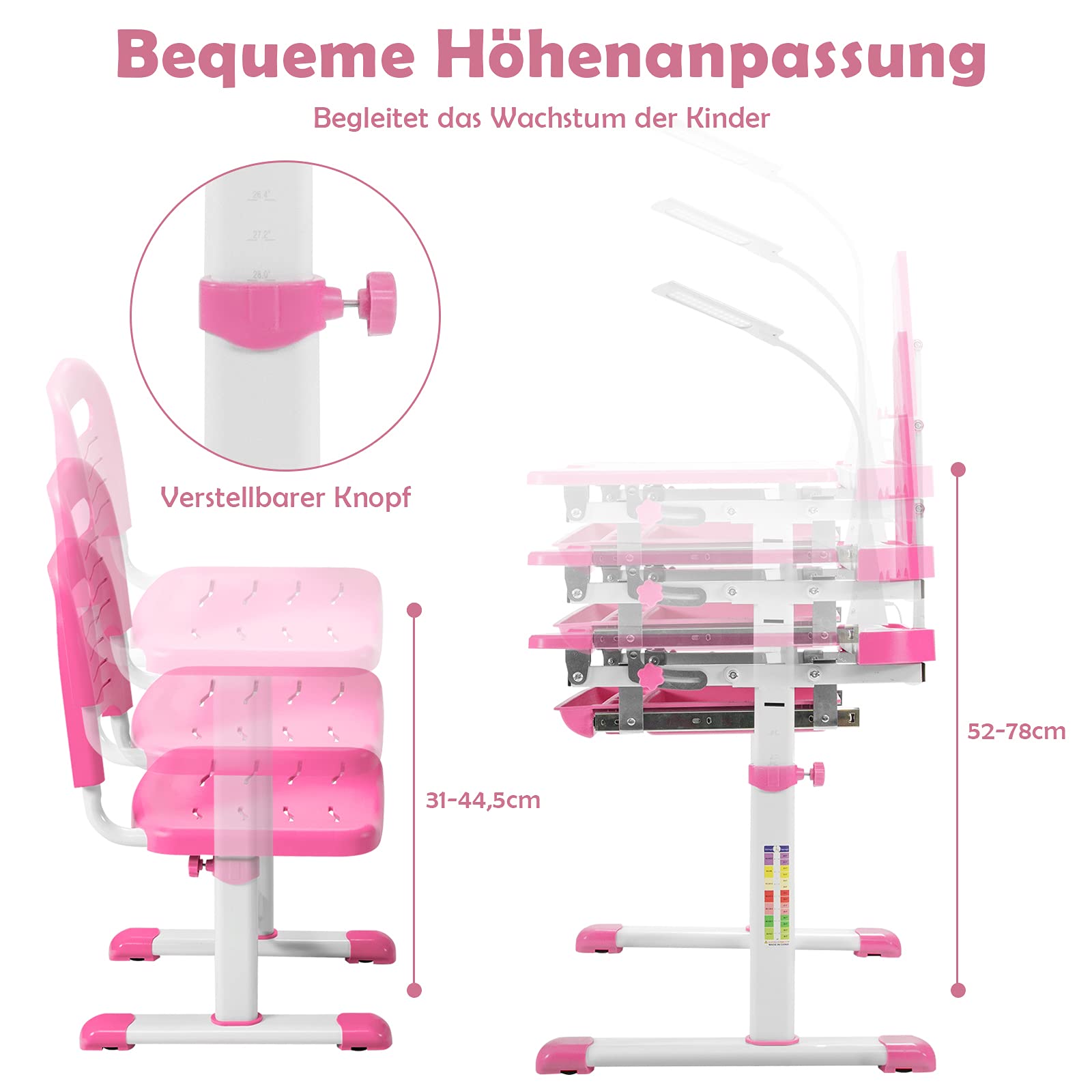 COSTWAY Kinderschreibtisch Set mit Bücherständer & LED-Licht, höhenverstellbarer Kindertisch und Stuhl mit gekippter Tischplatte & Schublade, Kinder Schreibtisch für Jungs & Mädchen (Rosa)