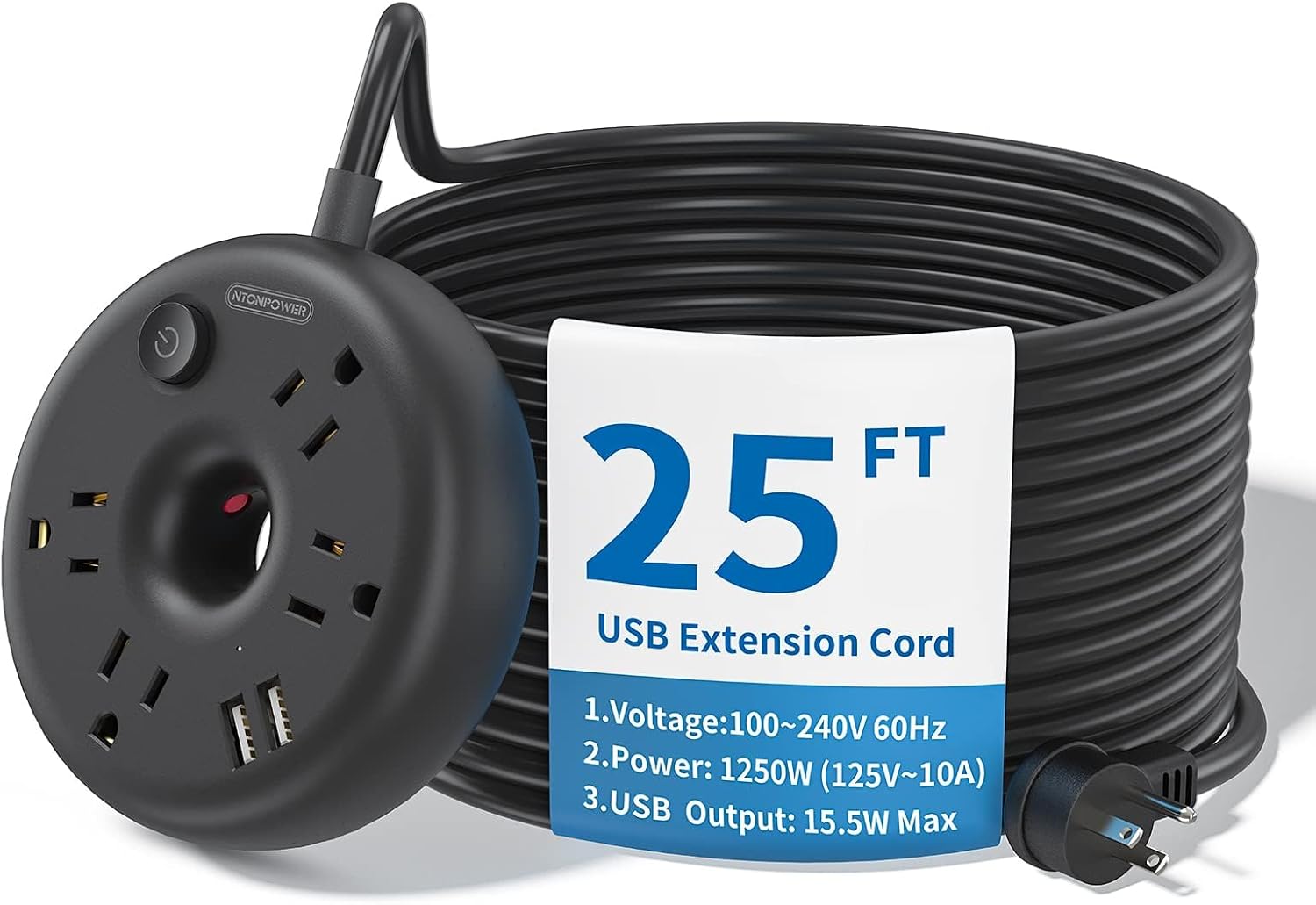 NTONPOWER 25ft Black Power Strip with 4 Outlets, 2 USB Ports, Desktop Extension Cord, Overload Protection, Fireproof ABS+PC Shell