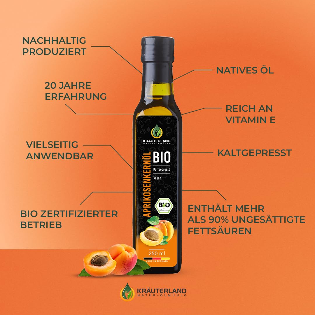 Kräuterland Bio Aprikosenkernöl 4x250ml (1Liter) kaltgepresstes Speiseöl