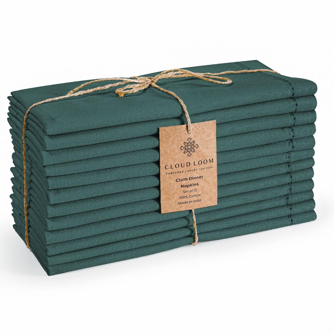 CLOUDLOOM Set of 12 Hemstitch Dinner Napkins 100% Cotton - Soft Durable Reusable - Perfect for Dining Weddings Parties Holidays Christmas and Everyday