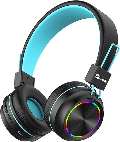 iClever BTH03 - Auriculares Bluetooth para niños, volumen seguro, luces LED coloridas, tiempo de reproducción de 25 horas, micrófono de sonido