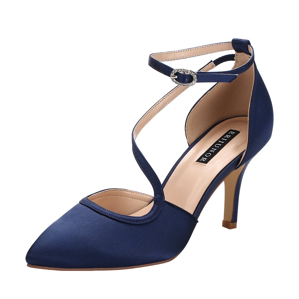 ERIJUNOR Women Comfortable Mid Heel Ankle Strappy Dress Pumps Pointed Toe Satin Wedding Evening Party Shoes