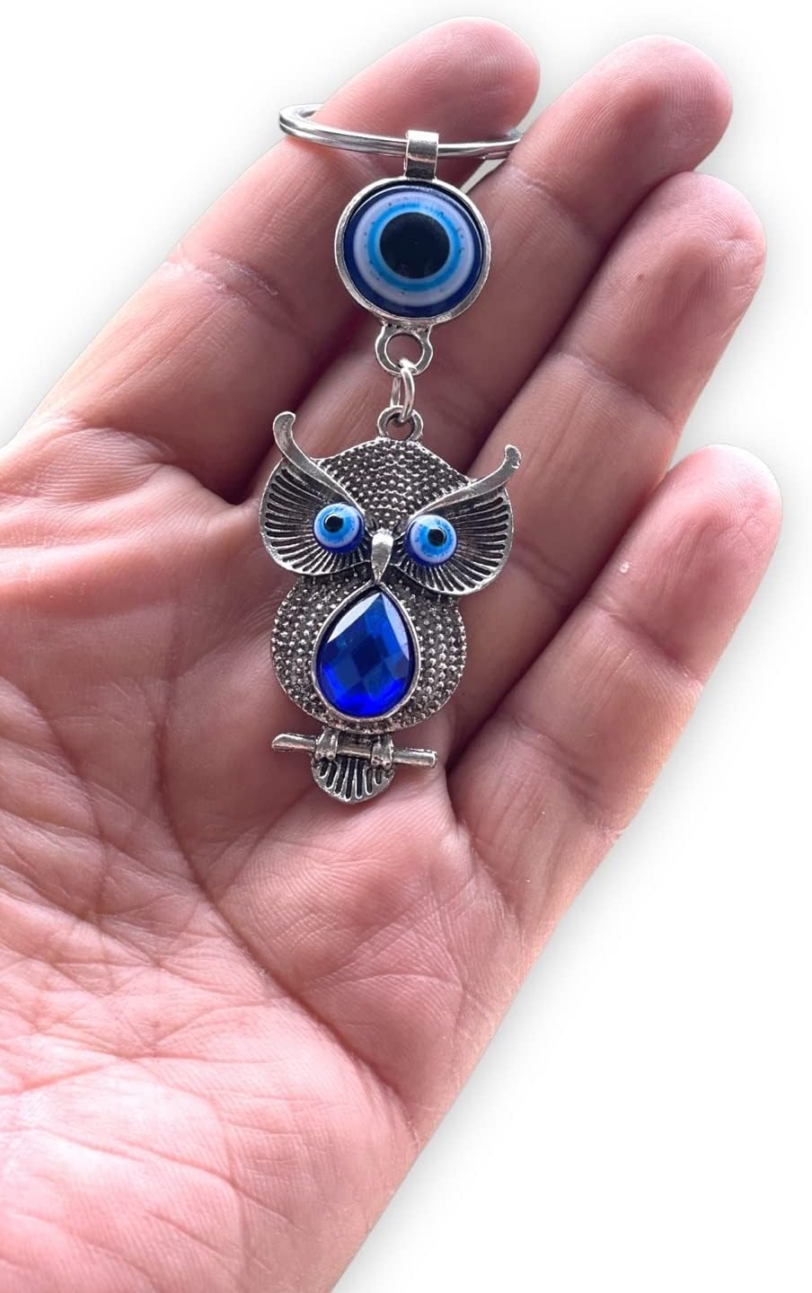 Blue Beads Silver and Blue Crystal Evil Eye Keychain for Bike/Car Gifting with Key Ring Anti-Rust (Pack of 1)