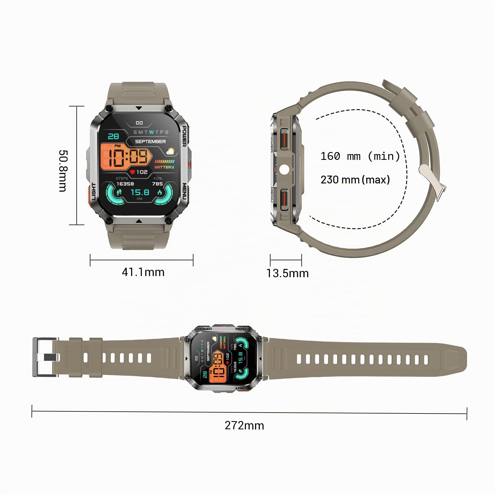 IOWODO Montre Connectée Homme Femme W70pro, Illumination,Batterie 900 mAh, Écran Tacile 2.01" TFT, Appel Bluetooth, Cardiofréquence/SPO2, Analyse Sommeil, 100+ Modes Sport,pour Android/iOS (Kaki)