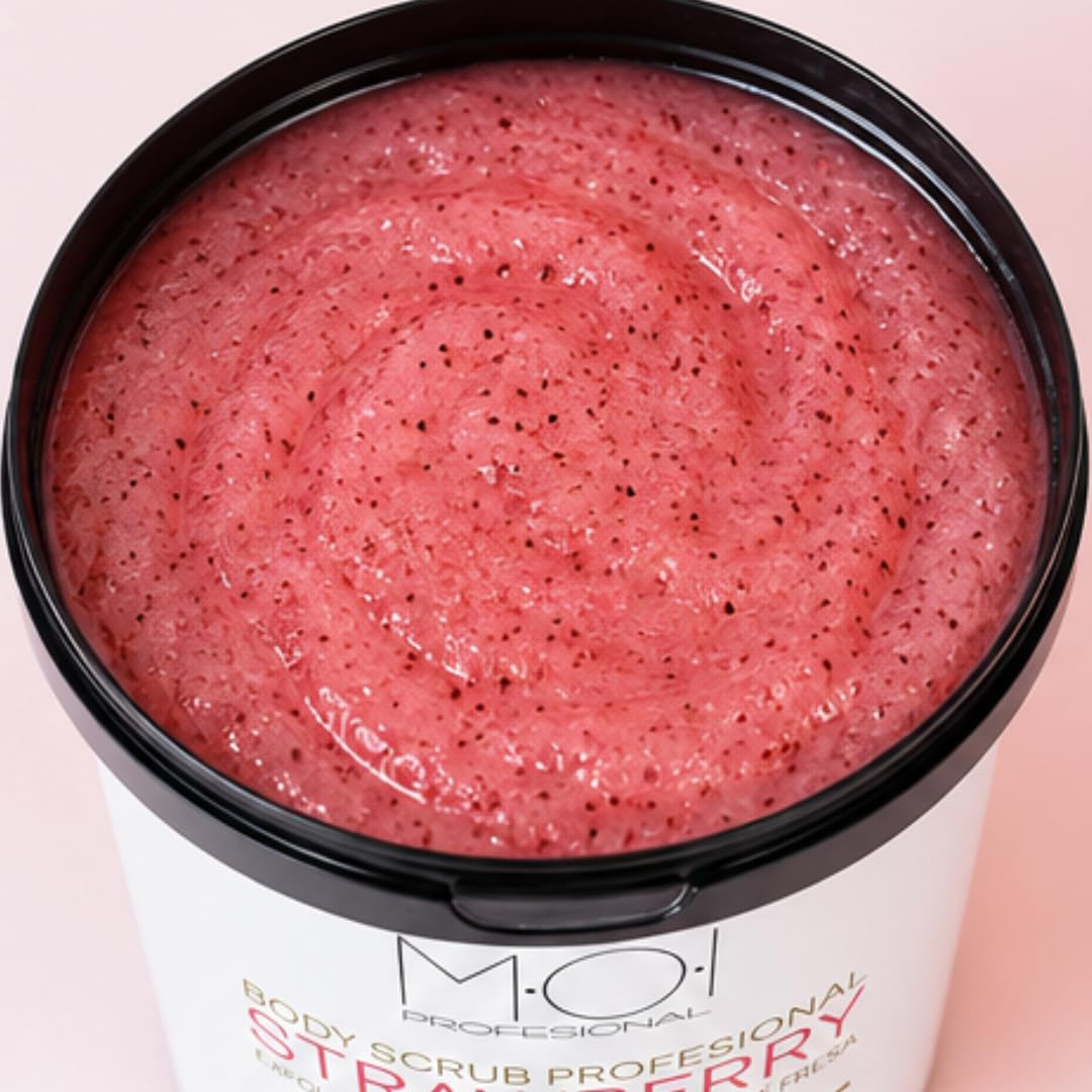 MOI Profesional Strawberry Body Scrub 1200 g – Exfoliante Corporal Hidratante de Fresa con Semillas Naturales, Aceite de Coco y Vitamina E | Piel Suave y Nutrida para Uso Profesional | Tamaño Grande