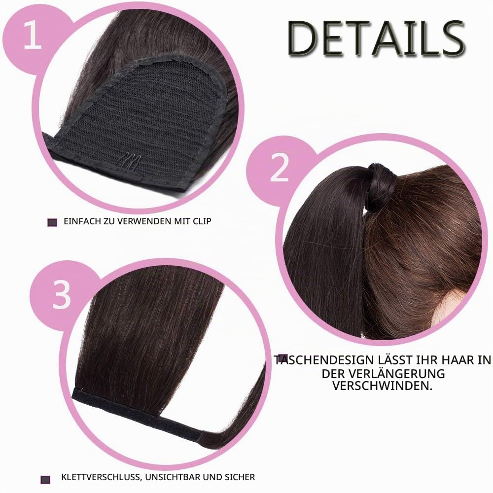 SEGO Pferdeschwanz Haarteil Zopf extensions Ponytail Haarverlängerung clip in Pony Echthaar remy Dunkelbraun 18"(45cm)-90g